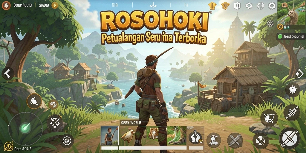 Antarmuka permainan <strong>ROSOHOKI</strong> yang menampilkan petualangan seru di dunia terbuka.